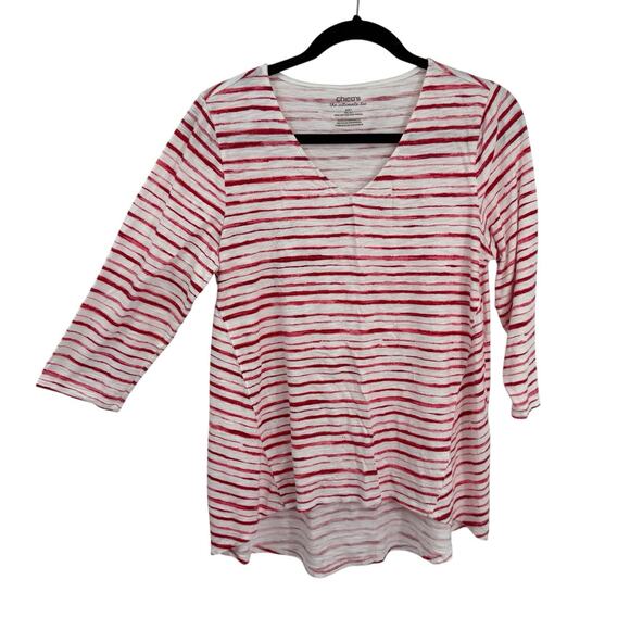 Chicos 1 The Ultimate Tee Medium V-Neck White Wavy Red Striped 3/4 Sleeve Top - Picture 1 of 8